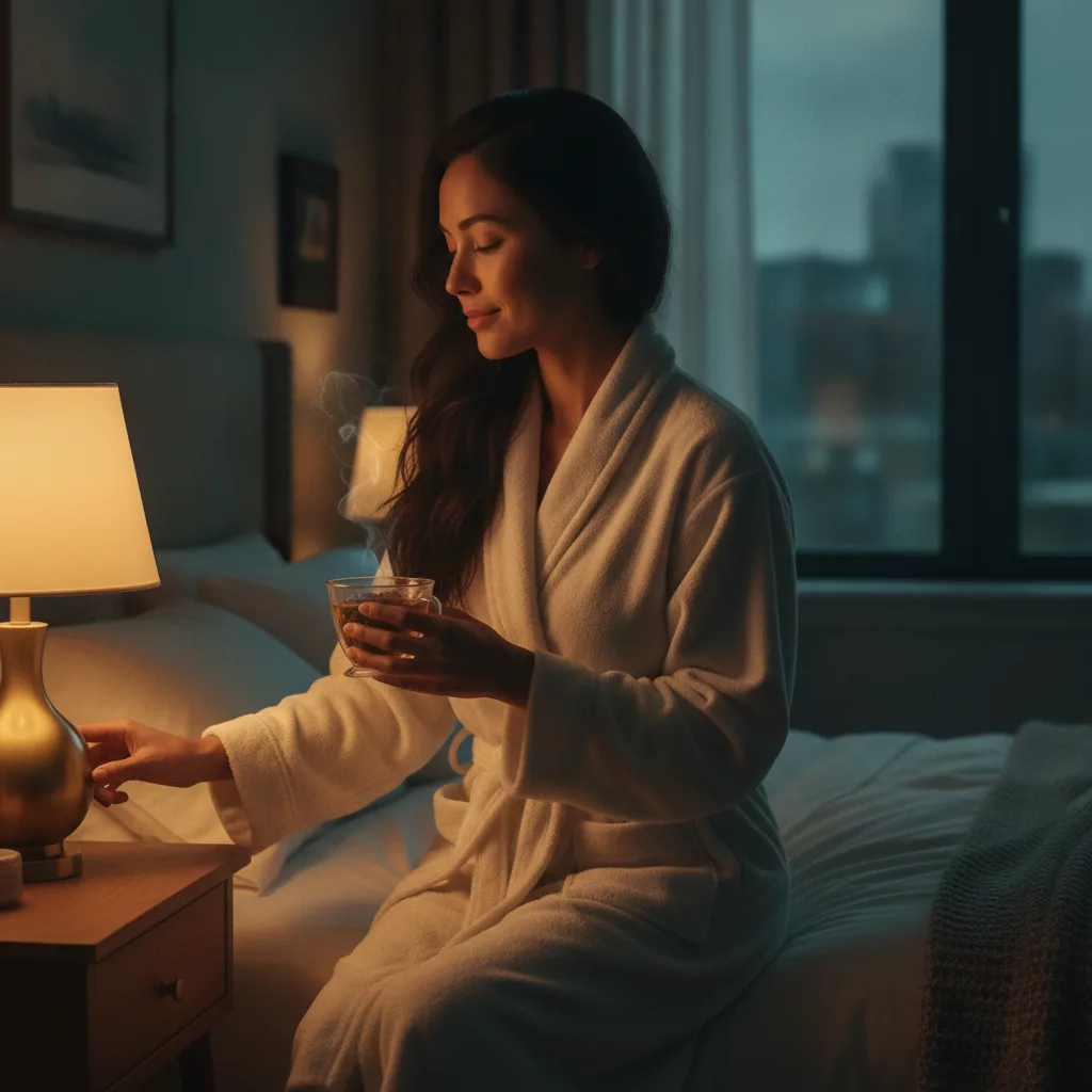 Woman dimming lights and brewing herbal tea